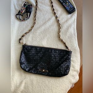Elliot Lucca Woven Black Leather Bag with gold chain strap.